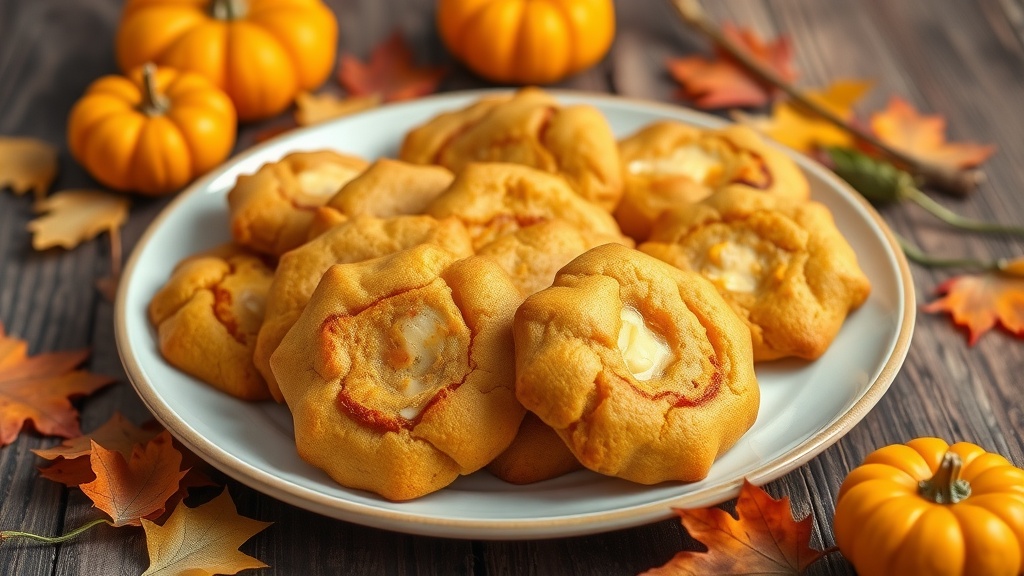 Savory Pumpkin Cheese Cookies Recipe Savory pumpkin cheese cookies on a plate, surrounded by autumn decor.
